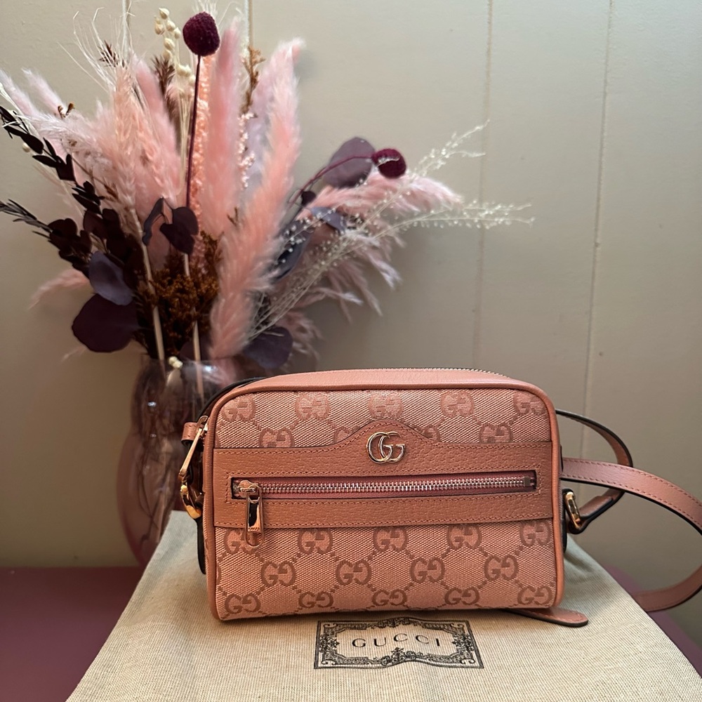 Gucci!  Pink! Ophidia Mini Bag Pink GG Canvas Leather Trim NEVER USED! RARE!